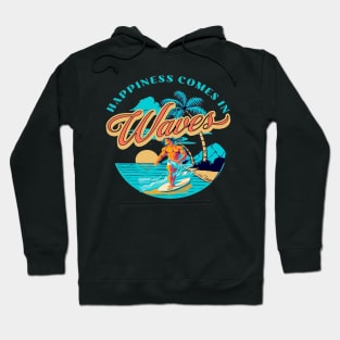 Happiness Comes In Waves, Hello Summer Vintage Funny Surfer Riding Surf Surfing Lover Gifts Hoodie